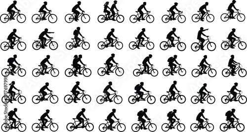 Cyclists ride bicycles in various active motion.