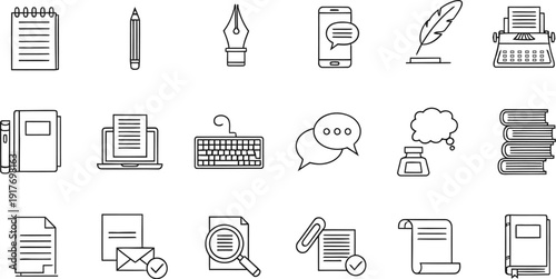 A collection of 16 black and white line art icons related to writing documents and communication tools