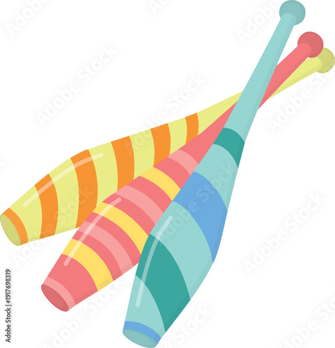 Illustration of three colorful juggling pins. Bright circus objects isolated on white background