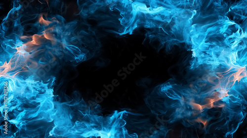 Abstract blue flame frame with glowing fire and smoky energy swirling around a dark background. Vibrant cyan and orange light create a dramatic fiery border effect,