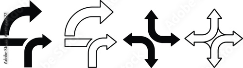 Directional Arrow Symbols Illustrating Traffic Navigation Choices, Curved Turns, and Multi-Path Options for Road Signs and Interface Design