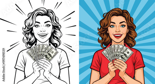 Woman holding cash money pop style pop woman comic book style colorful