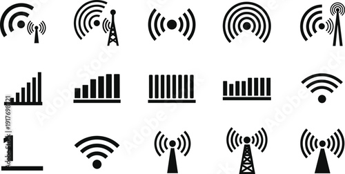 Wireless Communication Icons Depicting Signal Strength, Radio Towers, Wi-Fi Connectivity, and Digital Transmission Symbols for Interface and Telecommunication Design