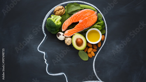 A creative illustration of a human head filled with healthy food for brain nutrition