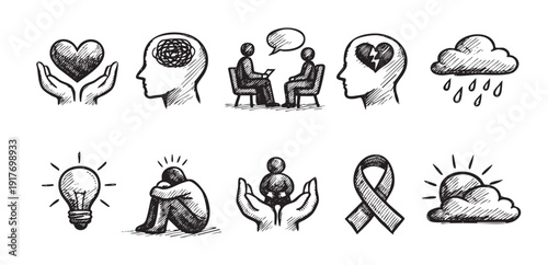 Hand drawn sketch icons depicting mental health, well-being, therapy, support, and awareness. Perfect for illustrating articles, websites, or presentations.