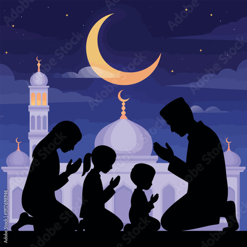 Muslim Family Praying in Front of Mosque at Night islam