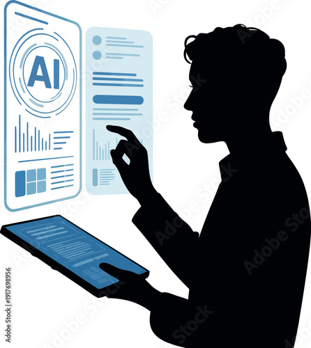 Person interacting with AI data on holographic display