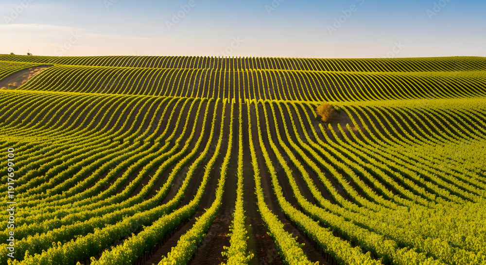 Fototapeta premium Vast undulating rows of green grapevines stretching across the Q