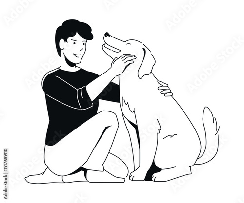 Man with His Dog - Black and White Flat Design Illustration