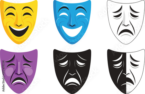 Theater masks in different colors and expressions comedy masks tragedy masks colorful masks smiling masks