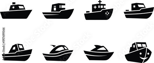 Cad drawing flat vector illustration of cartoon boat silhouettes set including fishing vessels, tugboats, ships, and smiling nautical transport icons.