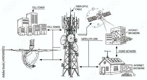 Space satellite global communication tech sketch