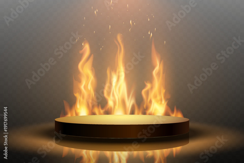 Hot fire blaze with glowing sparks above round showcase platform