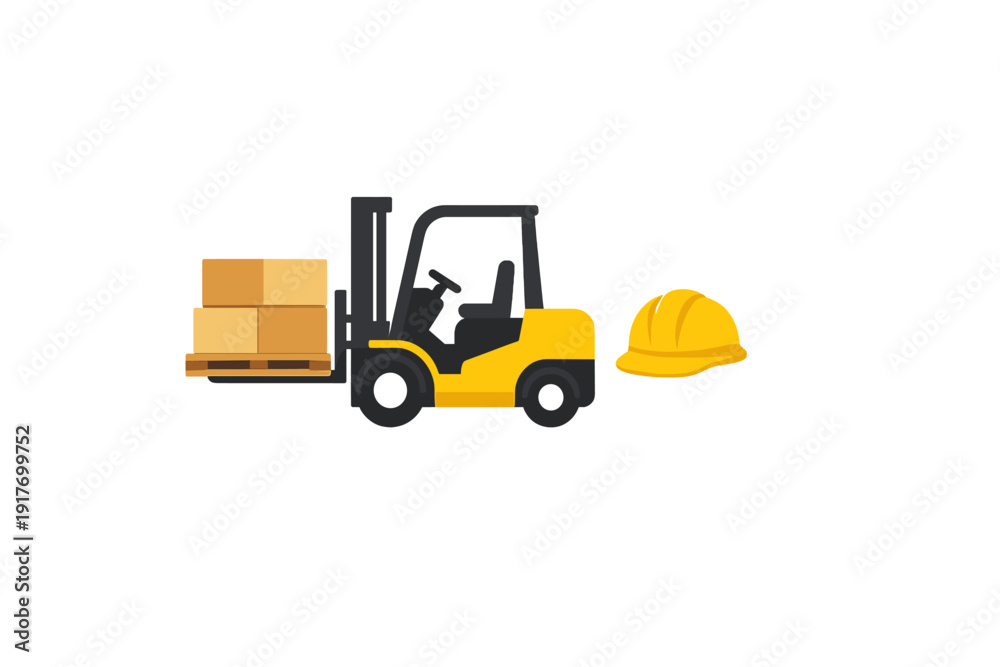 Naklejka premium This flat vector illustration features a yellow forklift transporting cardboard boxes on a pallet alongside a yellow construction hard hat, symbolizing warehouse logistics and safety.