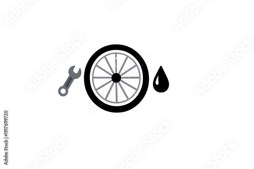 This graphic features a spoked bicycle wheel accompanied by a wrench and a liquid droplet, symbolizing professional bike repair, maintenance, and mechanical service.