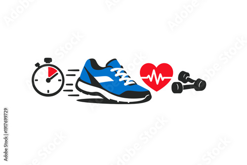 This illustration features a blue athletic shoe, a stopwatch, a red heart with a heartbeat line, and a dumbbell, representing health and physical exercise.