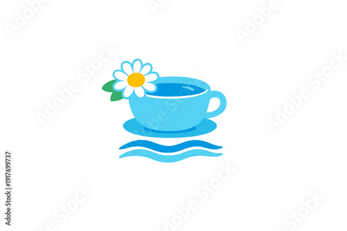 A light blue teacup filled with water sits on a matching saucer, decorated with a white daisy and green leaves. Two wavy blue lines are positioned below the cup on a black background.