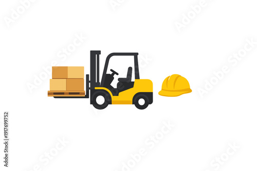 This flat vector illustration features a yellow forklift transporting cardboard boxes on a pallet alongside a yellow construction hard hat, symbolizing warehouse logistics and safety.