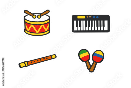 This set features four vibrant musical instrument stickers: a drum with sticks, a digital keyboard, a wooden flute, and colorful maracas, all isolated on a dark black background.