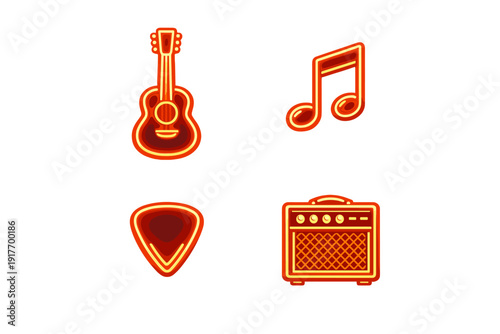 Four glowing orange neon icons depicting an acoustic guitar, a musical note, a guitar pick, and a guitar amplifier are displayed on a dark black background in a minimalist style.