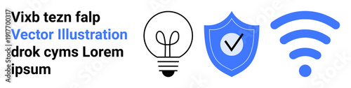 Innovation, security, wireless connectivity, conceptual design, technology solutions, digital services. Lightbulb, shield with checkmark and wireless signal symbols. Innovation and security