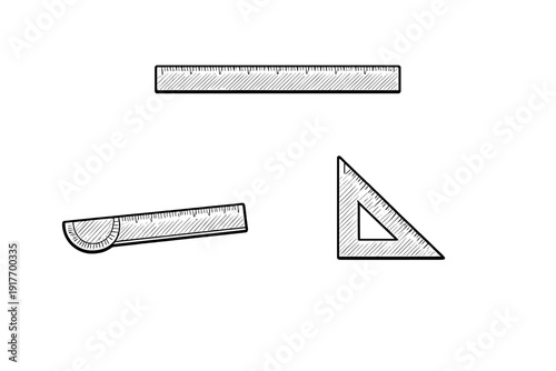 This monochrome sketch displays essential geometry tools including a straight ruler, a protractor ruler, and a set square triangle, all rendered with fine hatching on black.