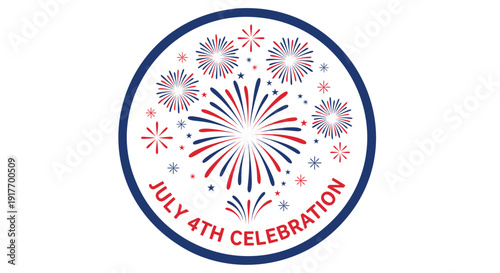 Patriotic July 4th Celebration icon. Includes fireworks, stars, and red, white, and blue colors. Created in vector style with festive palette.