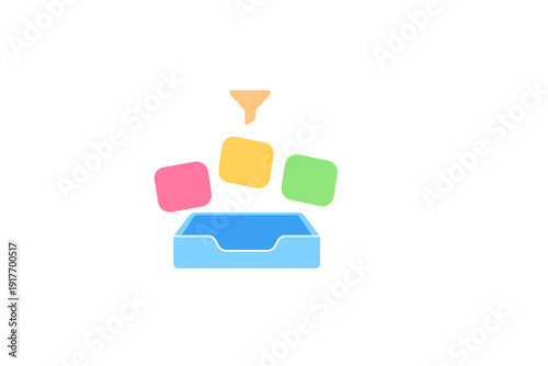 A minimalist illustration showing a funnel filtering colorful square blocks into a blue inbox tray. This graphic represents data processing, organization, and information management.