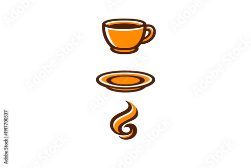 A stylized graphic illustration featuring an orange coffee cup, a matching saucer, and a decorative steam swirl arranged vertically against a solid black background.