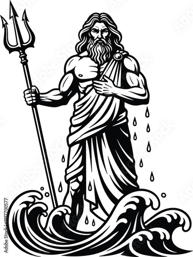 Greek god Poseidon mascot vector illustration holding a trident standing in ocean waves for mythological branding sports team logo and maritime history design