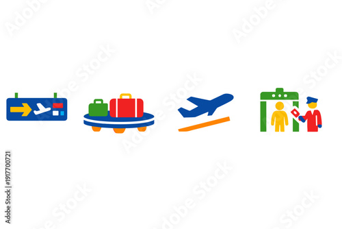 This collection of four vibrant airport-themed stickers includes a flight information sign, luggage on a carousel, a departing aircraft, and a security screening process.