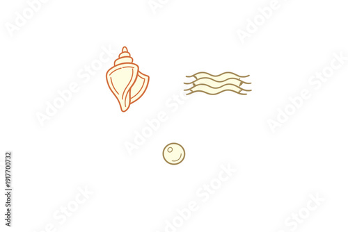 A minimalist illustration featuring a cream colored conch shell, stylized wavy water lines, and a small pearl set against a solid black background. Simple marine themed icons.