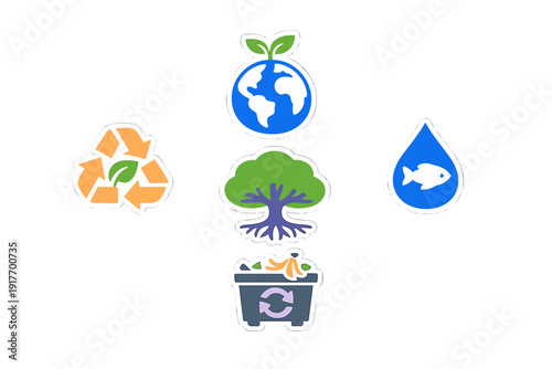 A collection of five environmental icons featuring a recycling symbol, a globe with a sprout, a tree with roots, a water drop with a fish, and a compost bin on a black background.