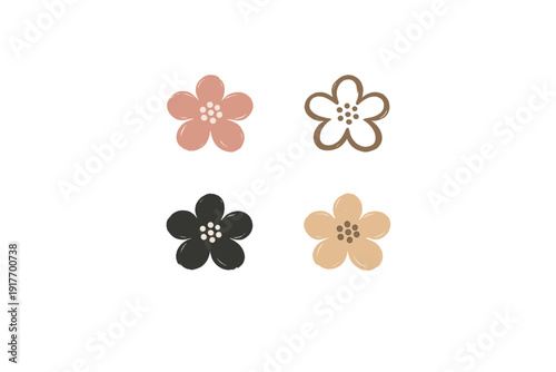 Four minimalist five-petal flower icons are arranged in a grid on a black background. Each flower features a central cluster of dots and comes in a different neutral or earthy tone.