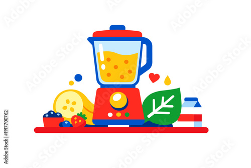 This vibrant vector graphic features a red blender with yellow liquid, accompanied by a banana, strawberry, blueberries, and a green leaf, all set against a dark background.