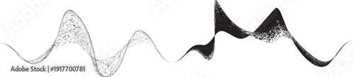 Noisy waveform line. Dynamic sound wave particles for music, audio branding, website banner, headers. Wave flow texture. Spray particles trace.
