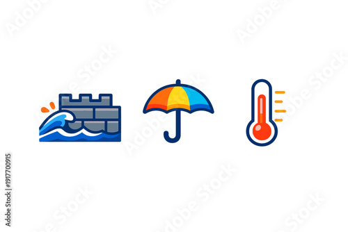 Three colorful icons representing weather and climate elements: a wave hitting a stone wall, a multi-colored umbrella, and a red thermometer indicating high heat on a black background.