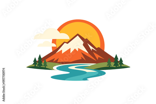 This minimalist vector graphic depicts a mountain landscape with a bright sun, white clouds, a flowing river, and evergreen trees, set against a solid black backdrop.