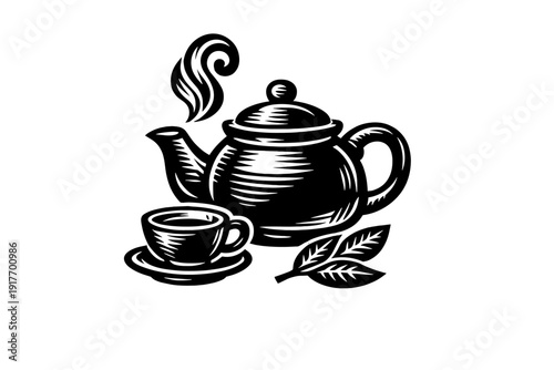 A white woodcut-style illustration of a steaming teapot, a teacup on a saucer, and tea leaves, set against a solid black background. This minimalist graphic depicts a classic tea set.