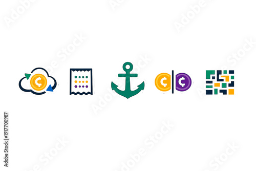 Five stylized sticker icons displayed on a black background, featuring a coin cloud, a document with dots, a green anchor, a currency exchange, and a colorful abstract square grid.