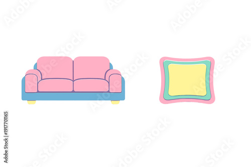 A stylized illustration featuring a pink and blue two-seater sofa next to a layered square cushion in pastel colors, both set against a solid black background.