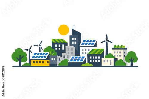 A flat vector illustration of a sustainable city featuring buildings with solar panels, wind turbines, green roofs, and trees under a bright yellow sun on a black background.