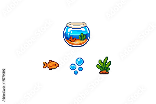 This pixel art set includes a glass fishbowl filled with water, a small orange goldfish, rising blue bubbles, and a green seaweed plant, isolated on a black background.