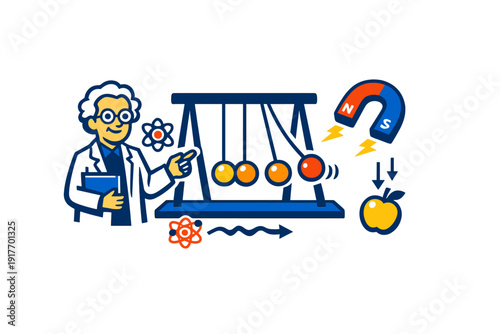 A cartoon illustration of a scientist standing next to a Newton's cradle, a horseshoe magnet, and a falling apple, representing various fundamental principles of physics and science.