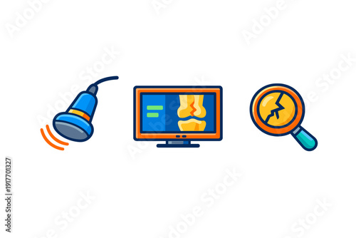 Three medical diagnostic icons including an ultrasound probe, a digital screen showing a fractured joint, and a magnifying glass over a bone crack, isolated on a dark background.
