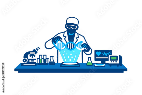 A blue-toned illustration of a scientist in a laboratory working with a glowing DNA double helix model. The scene includes a microscope, test tubes, and medical monitoring equipment.