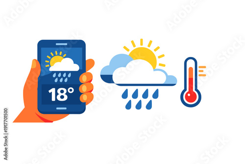 An illustration of a hand holding a mobile phone with a weather application showing eighteen degrees. Icons for sun, clouds, and rain are visible next to a red thermometer.