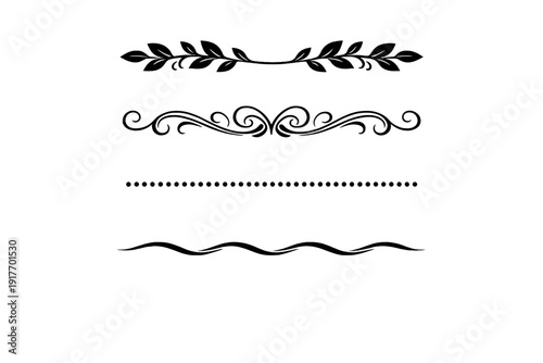 A collection of four elegant decorative dividers and borders featuring floral leaves, scrollwork swirls, dotted lines, and wavy patterns set against a solid black background.