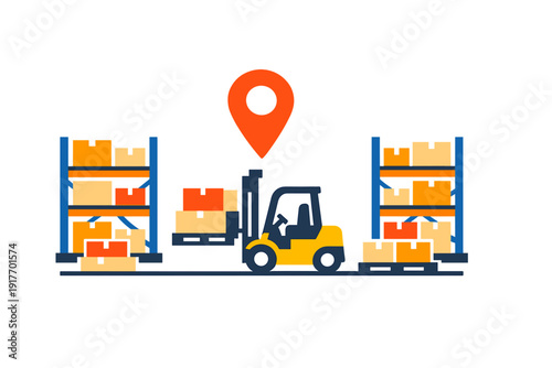 This flat vector illustration shows a yellow forklift moving cardboard boxes in a warehouse with storage racks and a large orange location pin icon above it.