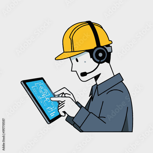 Man Wearing Hard Hat Using Tablet.